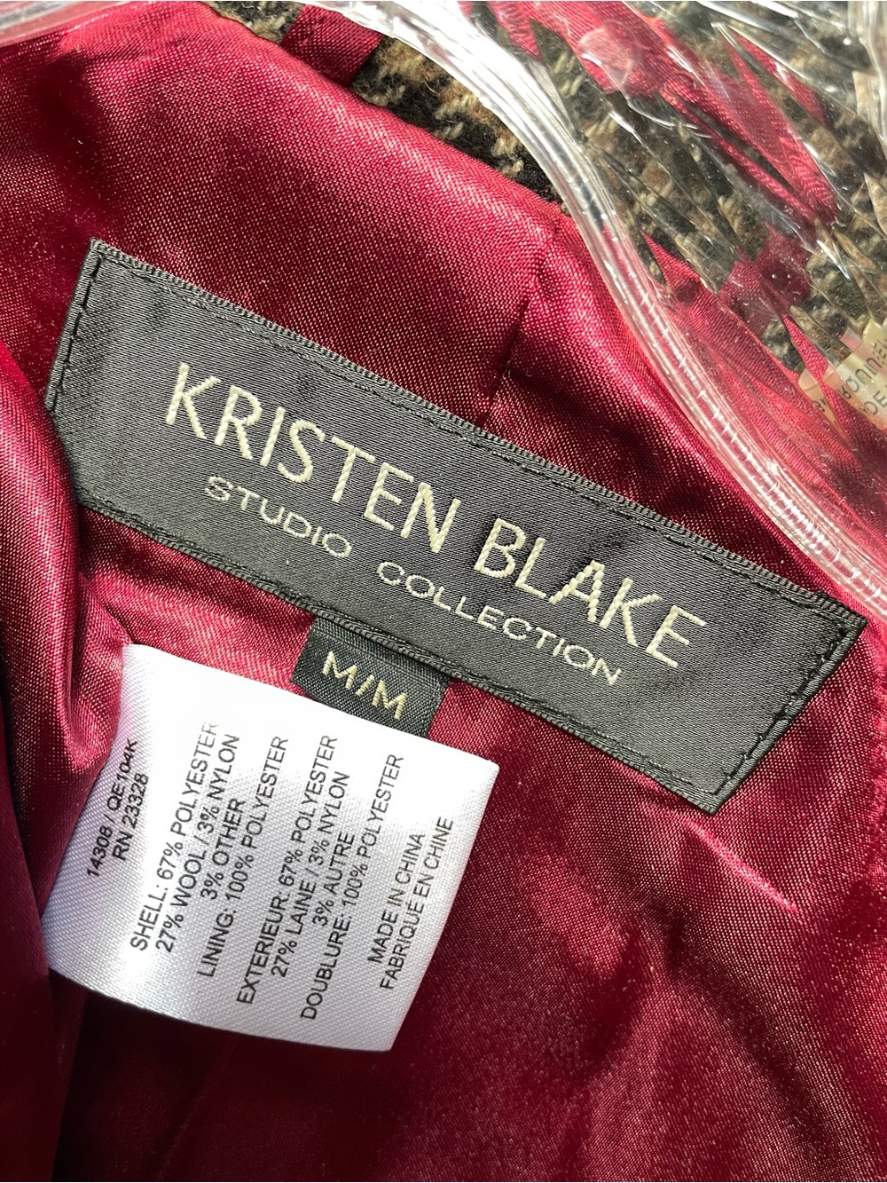 Kristen Blake Brown Houndstooth Pea Coat with Red Windowpane - Picture 7 of 7
